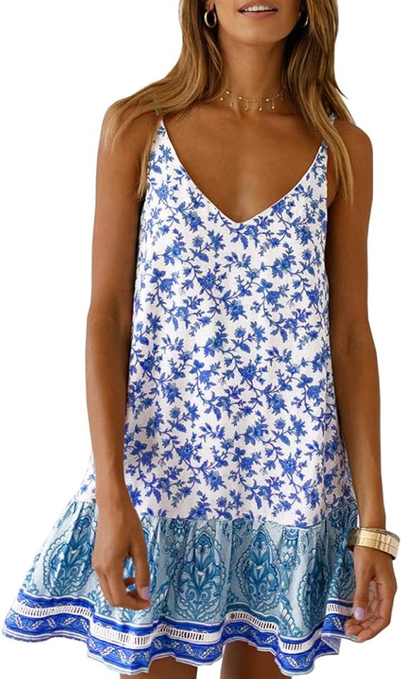 Valphsio Womens Floral Spaghetti Strap Short Dress Boho V Neck Mini Beachwear Dress Sundress | Amazon (US)
