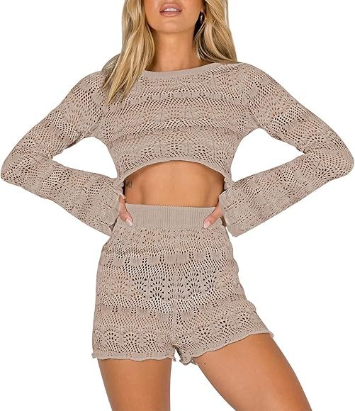 VamJump Women 2 Piece Hollow Out Knit Lounge Sets Long Sleeve Crop Top and High Waist Shorts Tracksu | Amazon (US)