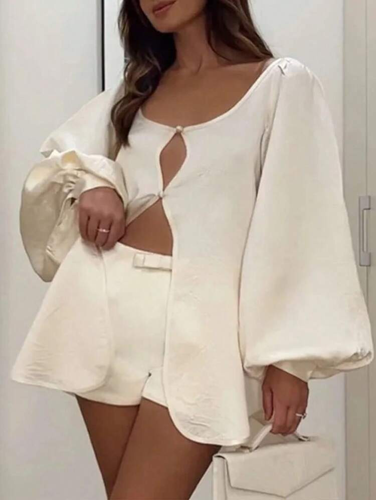 Women Elegant Solid Color Loose Lantern Sleeve Blouse And Shorts Set | SHEIN