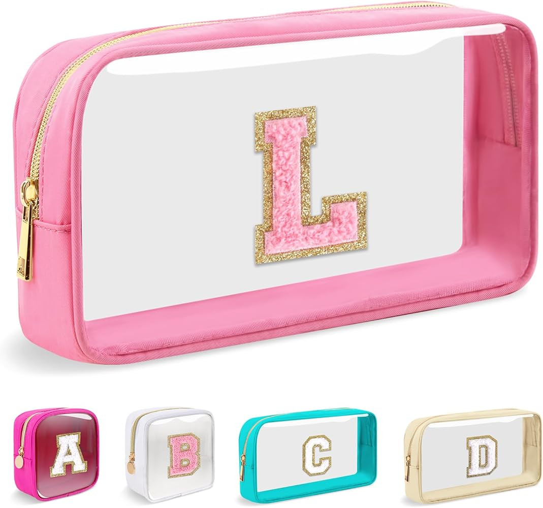 Small Clear Personalized Initial Makeup Bag,Nylon Preppy A-Z Chenille Letter Patch Cosmetic Pouch... | Amazon (US)