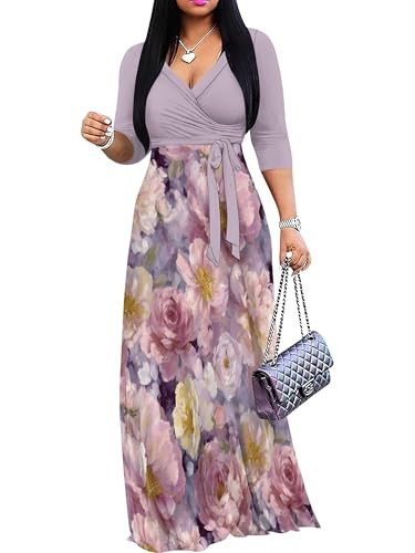 Plus Size Maxi Dress for Women 3/4 Sleeve V Neck Long Dress Casual Wrap Sundress with Belt(3XL Lavender Pink Rose) | Amazon (US)