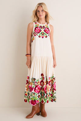 Cream Wilhelmina Embroidery Sleeveless Midi Dress | Tuckernuck (US)