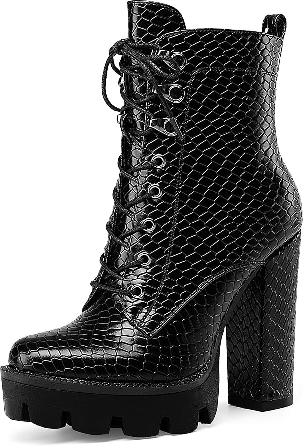 Oh Mispares Women's High Chunky Heel Platform Ankle Combat Boots Fashion Lace Up Lug Sole Leather... | Amazon (US)