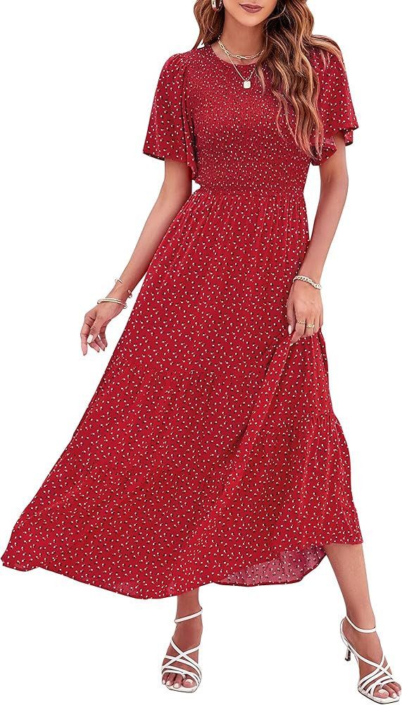 ZESICA Women's 2023 Summer Casual Floral Print Short Flutter Sleeve Crew Neck Smocked High Waist ... | Amazon (US)