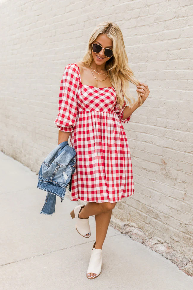 Quiet Saturday Red Square Neck Gingham Dress FINAL SALE | The Pink Lily Boutique