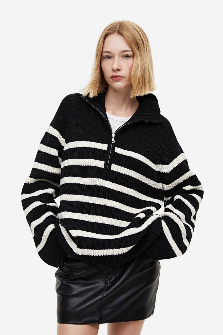 Rib-knit half-zip jumper - Black/Striped - Ladies | H&M GB | H&M (UK, MY, IN, SG, PH, TW, HK)