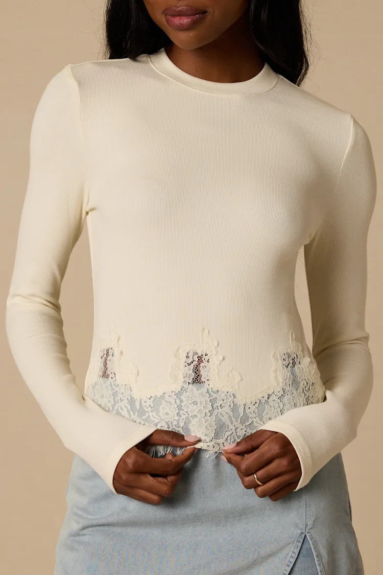 Clarise Ivory Ribbed Knit Lace Long Sleeve Top | Lulus