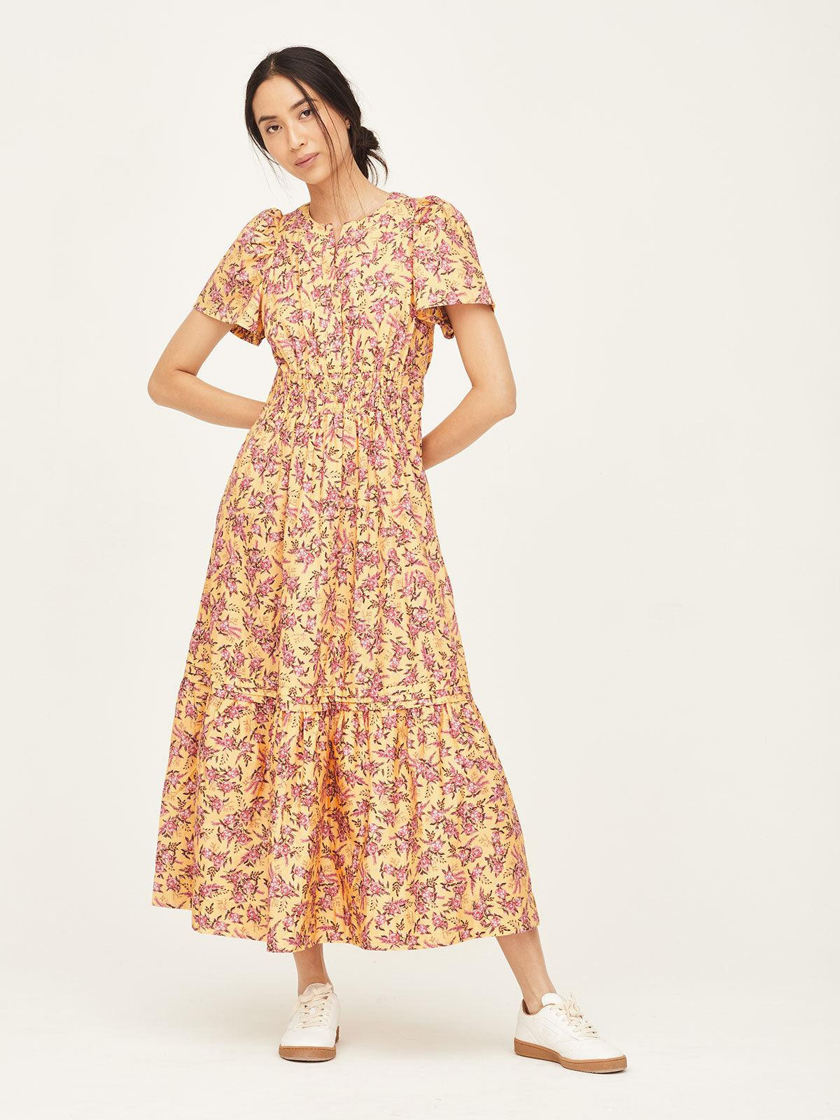 Marlett Organic Cotton Poplin Fit and Flare Midi Dress in Yellow | Thought (Global)