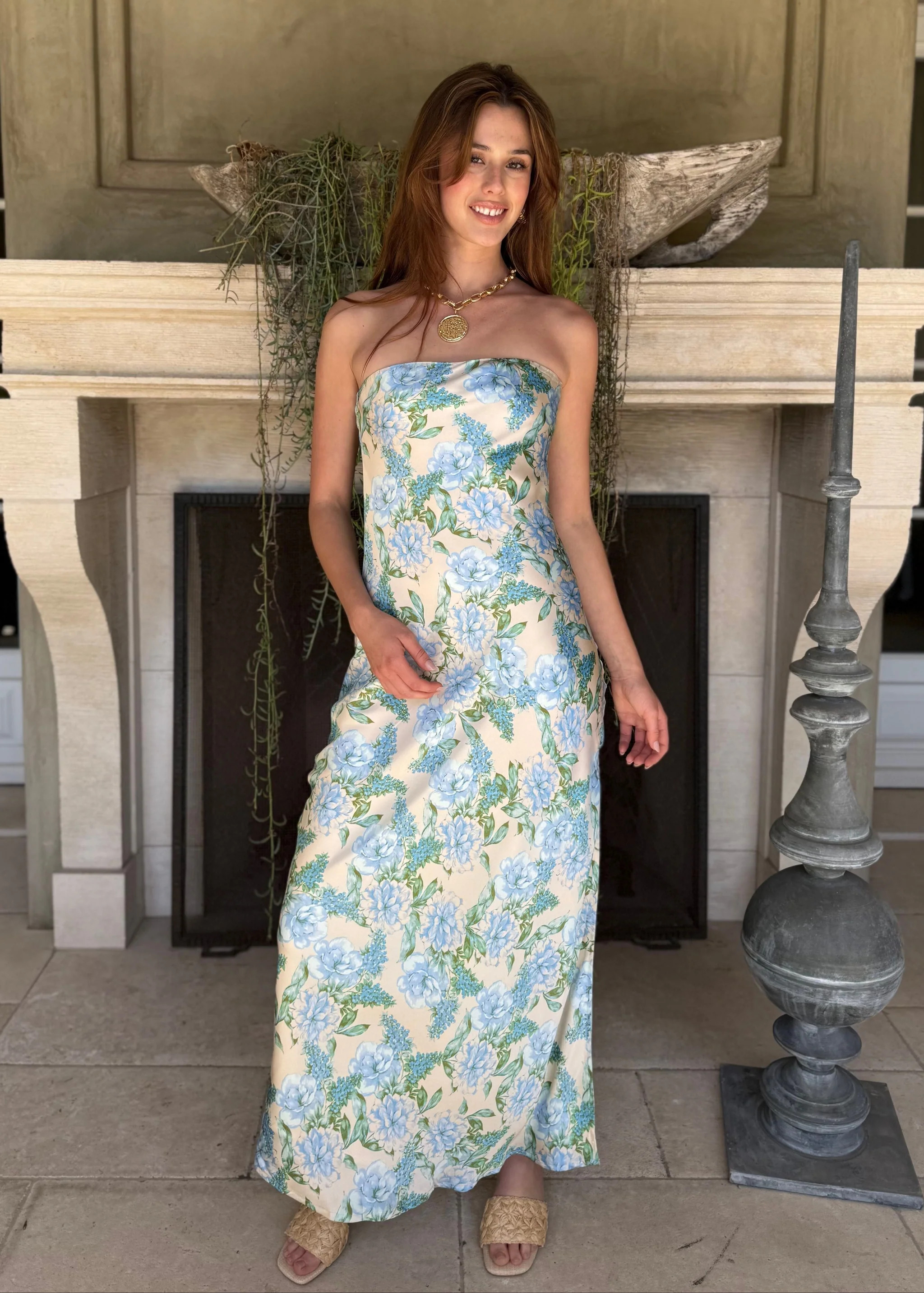 Aria Blue Floral Strapless Maxi Dress with Side Slit | Benaar La