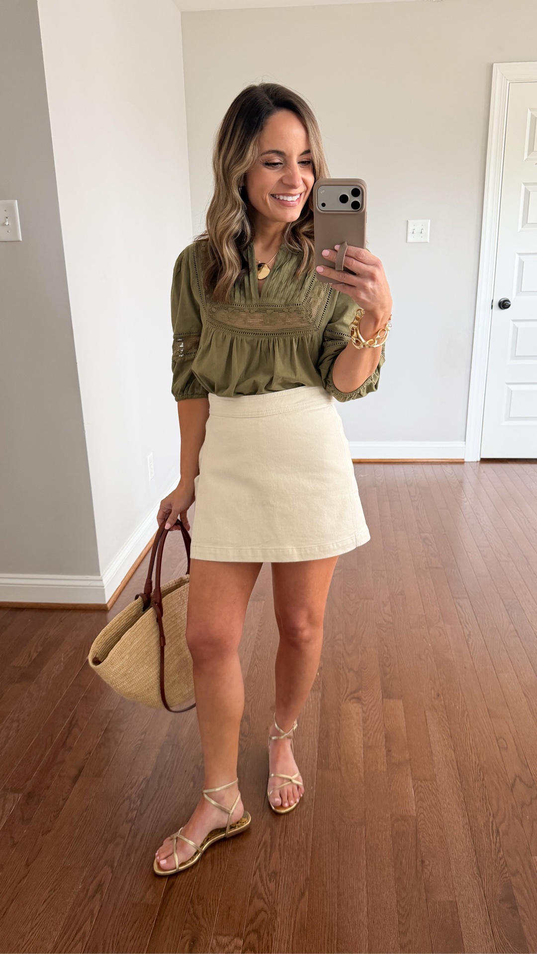 In case you’re curious about the fit of the denim skort - I love it! 

Skort: 00 - true to size 
Top: xxs
Sandals: true to size