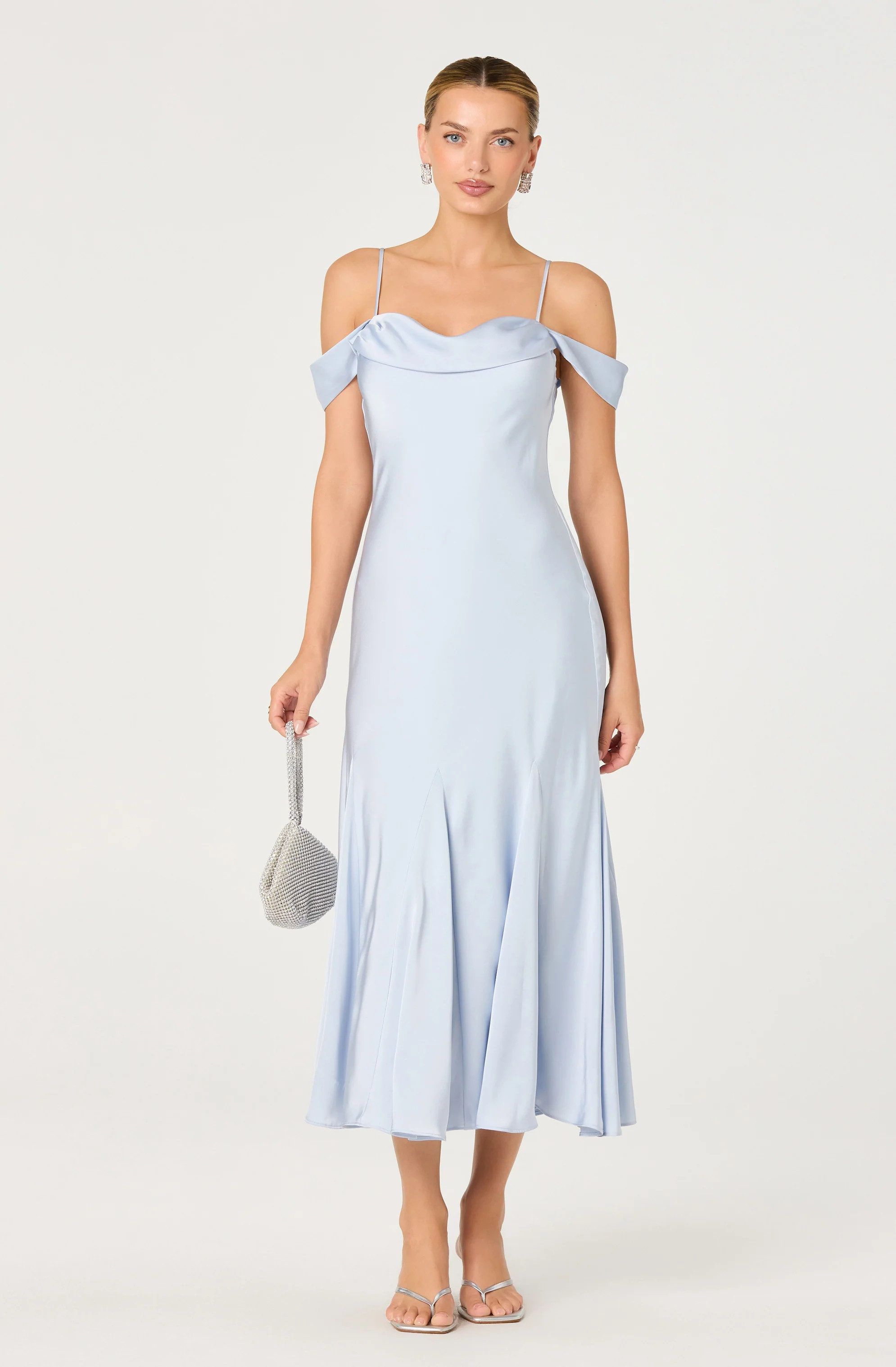 Araxie Satin Off-Shoulder Godet Midi Dress - Lt blue / XL | ASTR The Label (US)