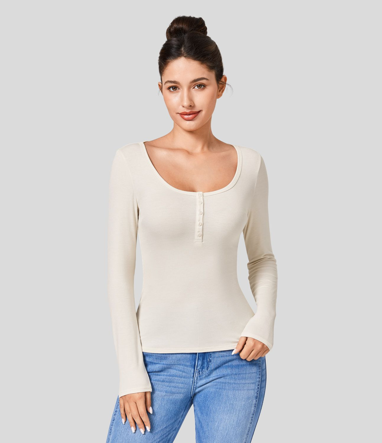 Women’s Ribbed Henley Neck Long Sleeve Slim Casual Top - Halara | HALARA