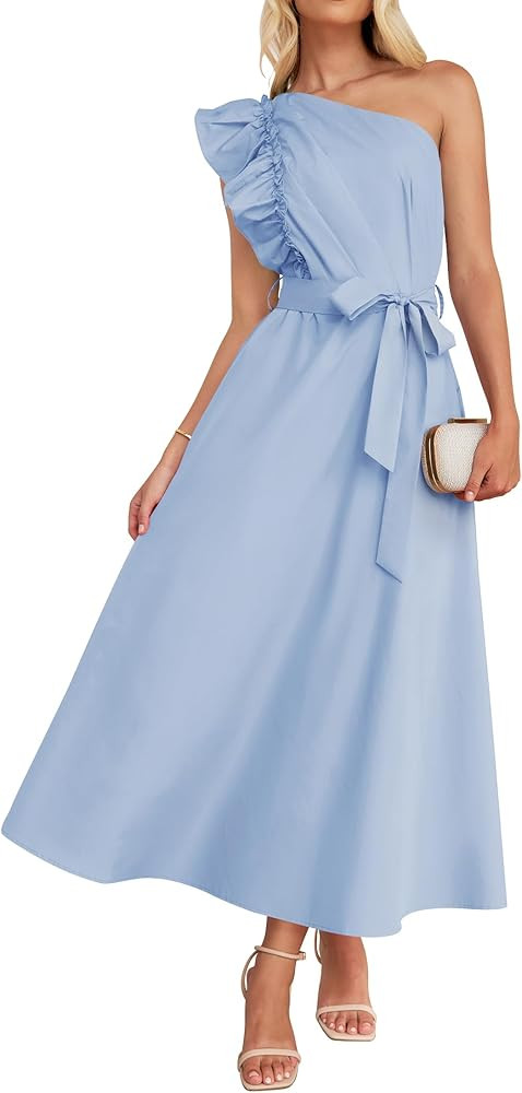ZESICA Womens 2026 Summer One Shoulder Ruffle Maxi Dress Boho Sleeveless Empire Waist Tie Flowy B... | Amazon (US)