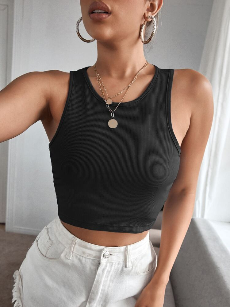 SHEIN EZwear Solid Rib-knit Crop Tank Top | SHEIN