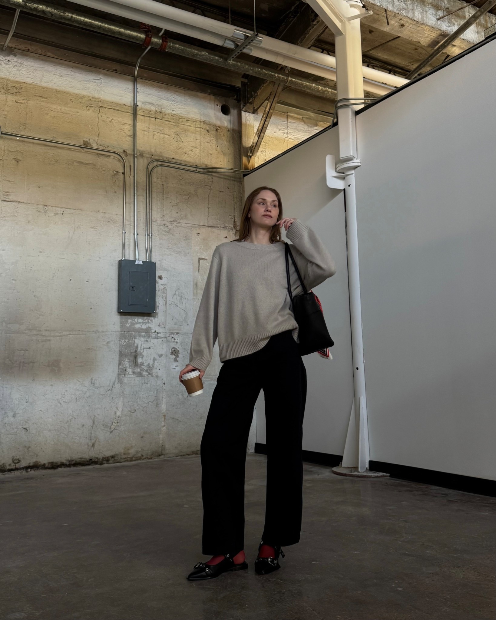 my fave combo: neutrals + red ! 
(oversized cashmere crewneck / black barrel jeans / flats / giant leather tote / red sheer loafer socks / silk scarf)

#LTKmomlife #LTKootd #LTKdayinmylife