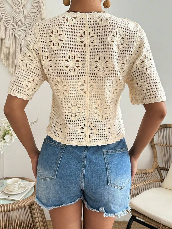 SHEIN VCAY Women Short Sleeve V-Neck Cardigan With Tie Knitted Top | SHEIN