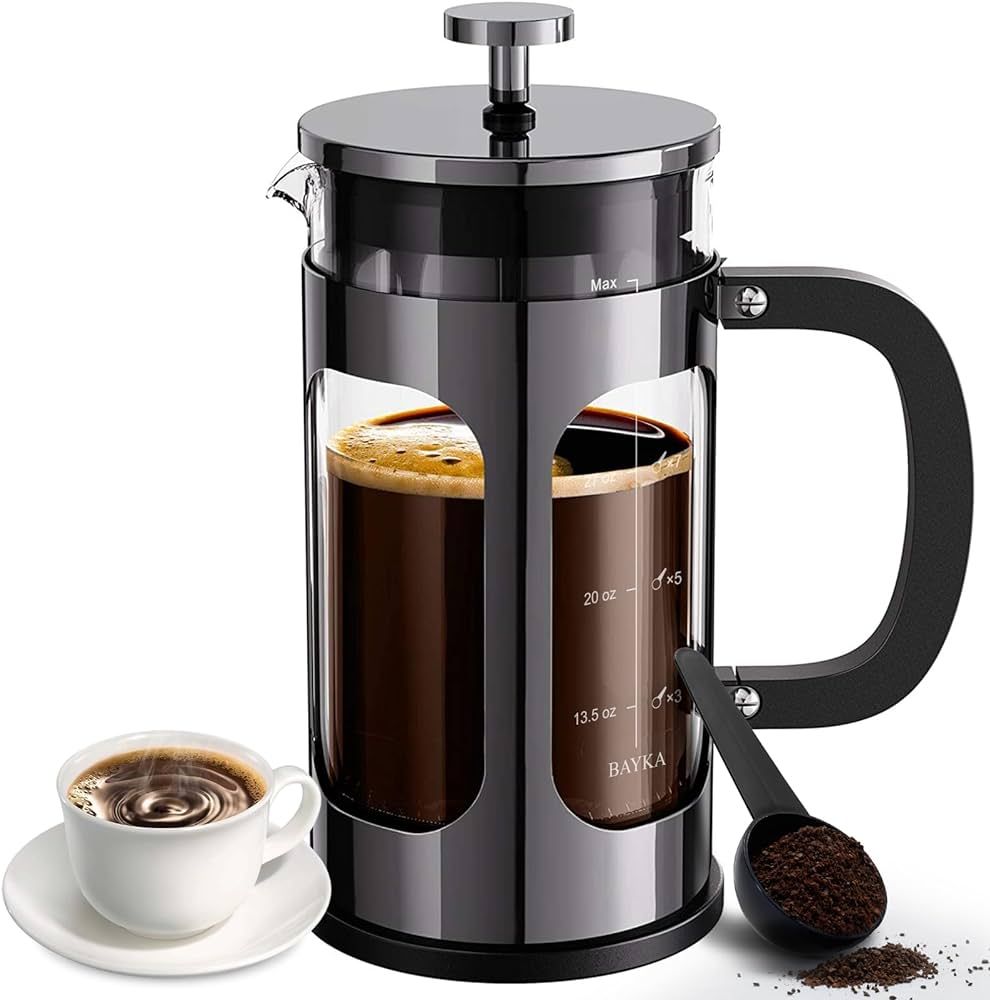 BAYKA 34 Ounce 1 Liter French Press Coffee Maker, Glass Classic Dark Pewter Stainless Steel Coffe... | Amazon (US)