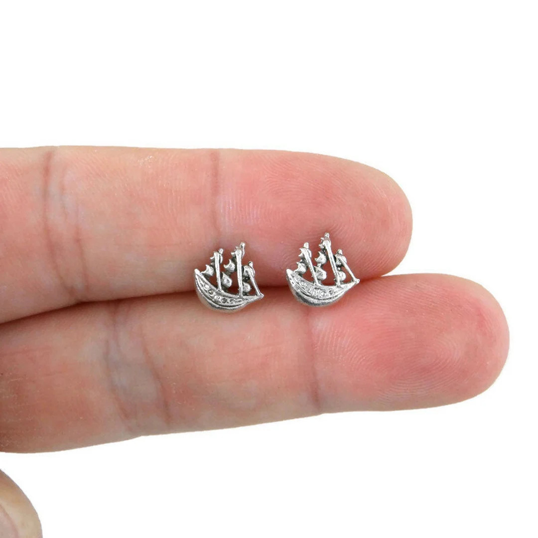 Pirate Ship Earrings in Sterling Silver, Viking Ship Studs, Ocean Earrings, Viking Studs, Pirate ... | Etsy (US)