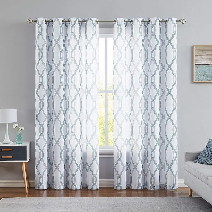 Small Moroccan White Sheer Curtains 45 Inches Long Grommet Top Blue and Grey Geometric Print Shee... | Amazon (US)
