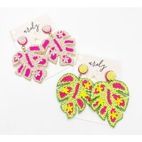 Palm Leaf Beaded Dangle Earrings Pink Statement Jewelry | Etsy (US)