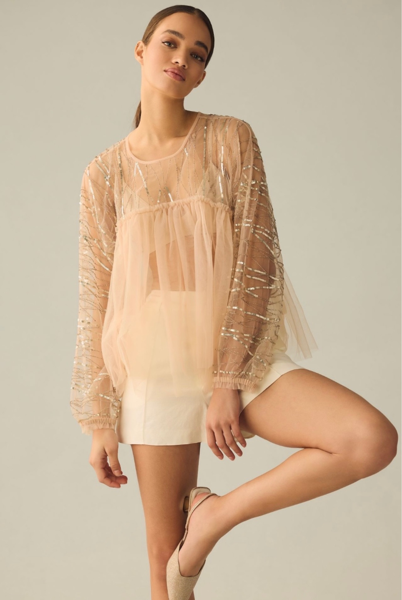 Love this fun tulle top with sparkle! Can’t wait to style it! #anthropolgie #sale #sparkle #unique #neutral #tops 

#LTKunder50 #LTKFind #LTKSeasonal