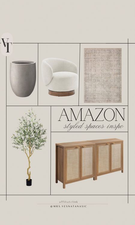 Amazon Home designer inspired finds including this concrete planter, swivel chair with wood detail, neutral pattern area rug, favorite faux olive tree and affordable cabinet. 

#LTKStyleTip #LTKSaleAlert #LTKHome
