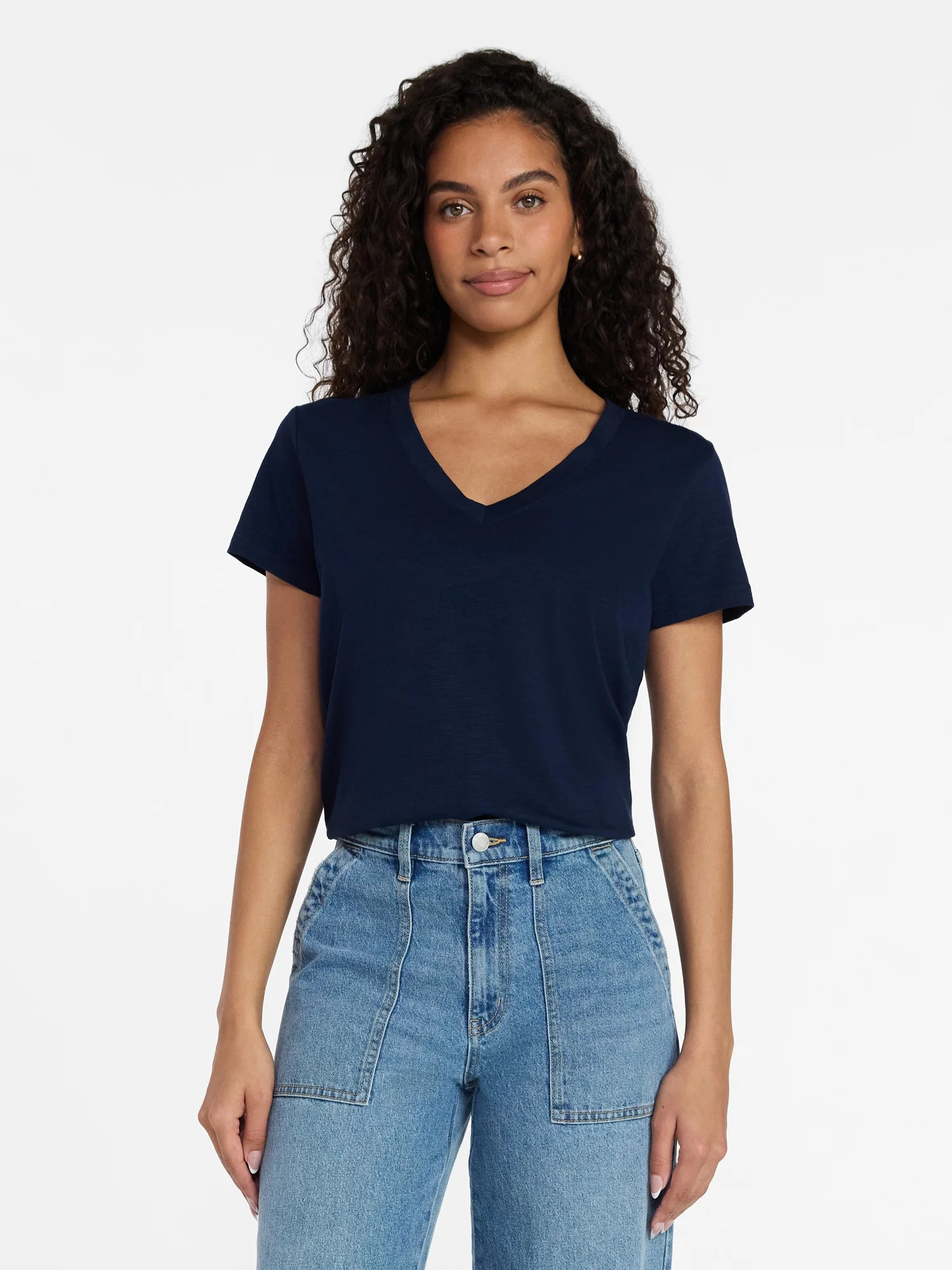 Time and Tru Women's Slub V Neck Tee with Short Sleeves, Sizes XS-XXXL - Walmart.com | Walmart (US)