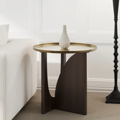 Round Brushed Gold Tray Top End Table With Solid Walnut Base | Wayfair North America