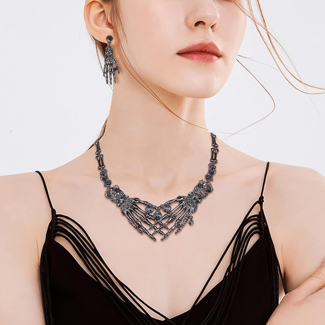 EVER FAITH Austrian Crystal Halloween Skeleton Hand Skull Necklace Earrings Set | Amazon (US)