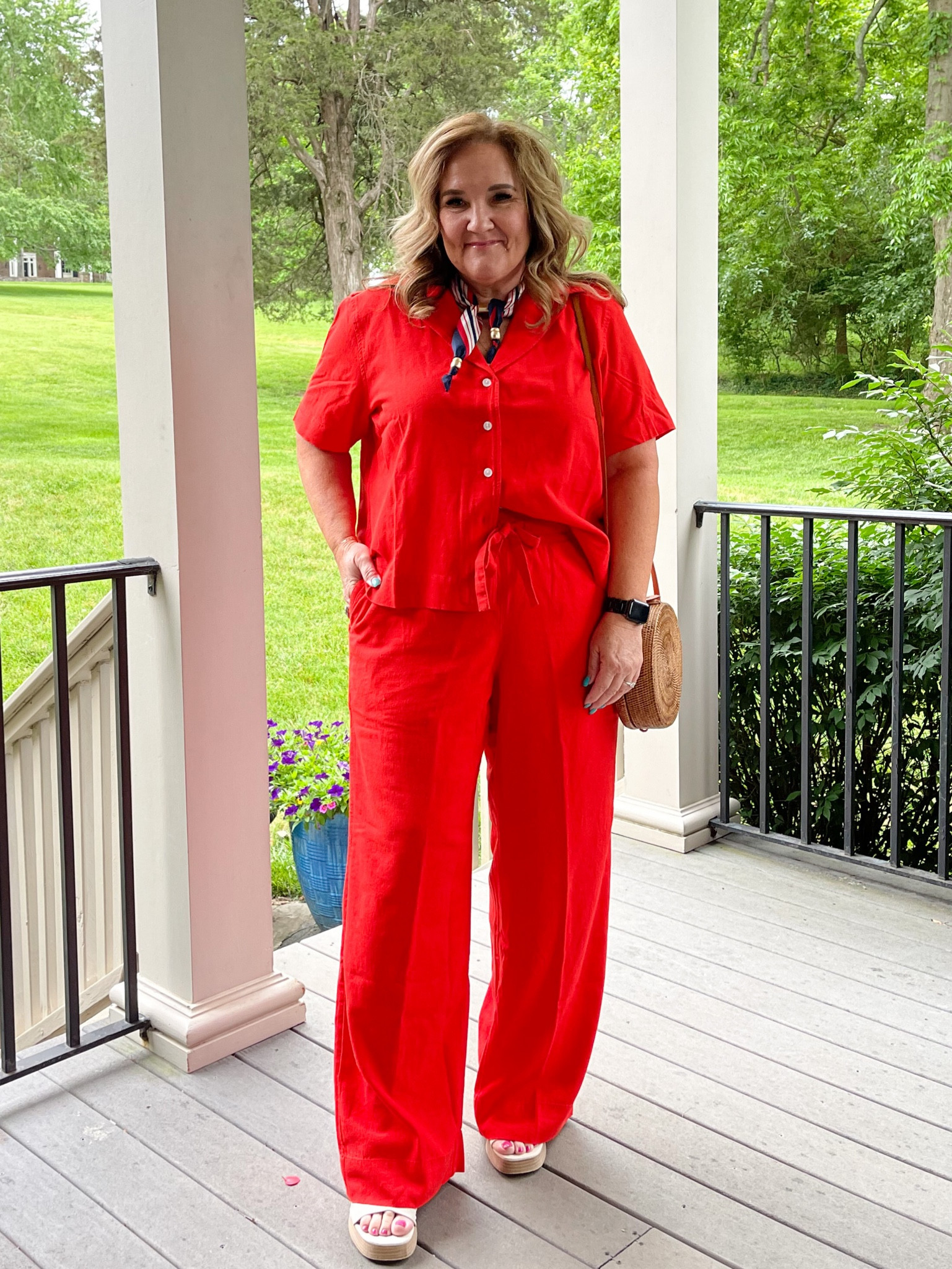 Memorial Day, 4th of July or other USA celebrations. 

Top and pants size L under $30 each. TTS. 
Scarf necklace can be worn either toes in front or in the back. 
Shoes on sale! Linking great straw bags  

#LTKSeasonal #LTKitbag #LTKunder50