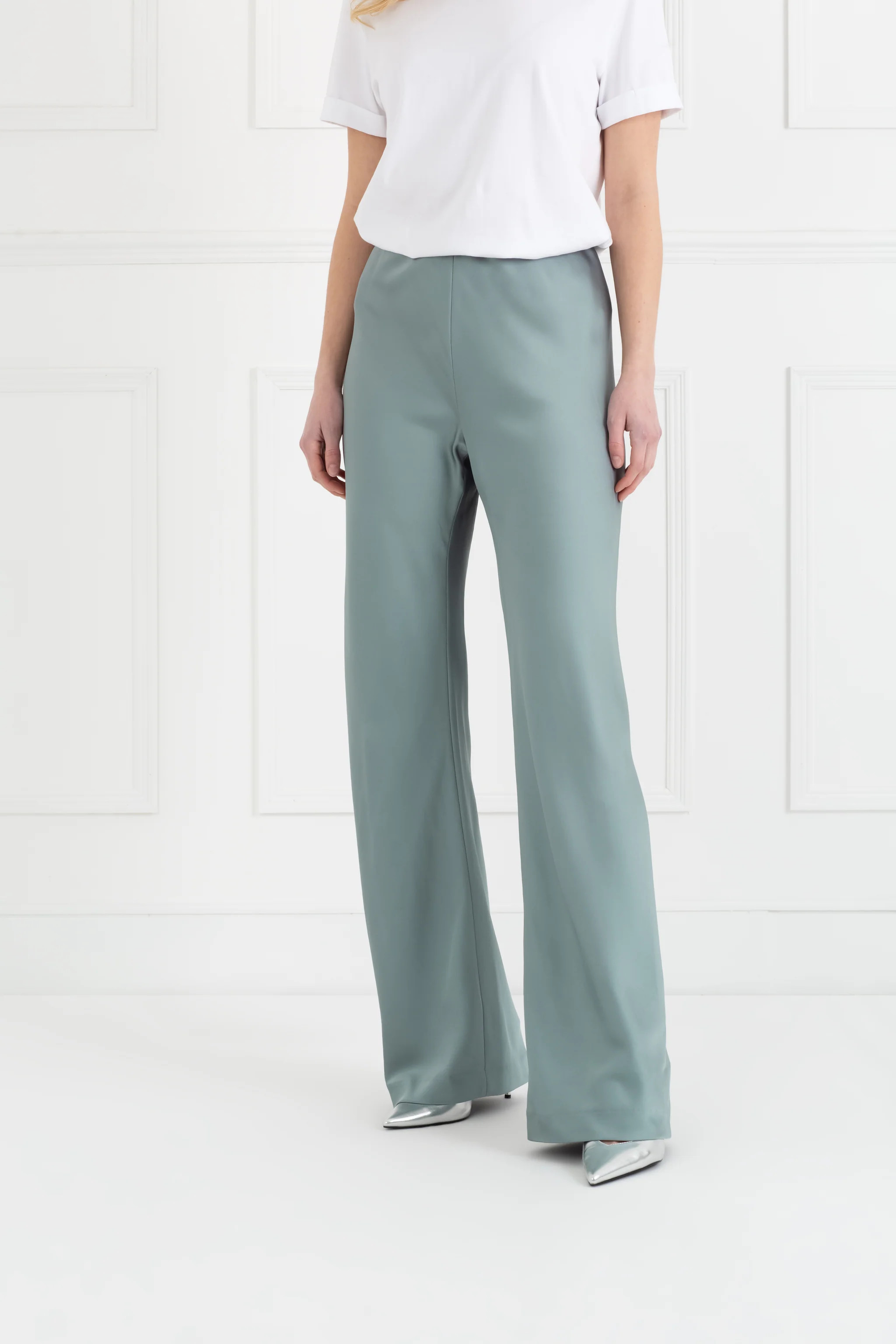 The Sandra | Icy Sage Satin Trousers | Sinead Keary