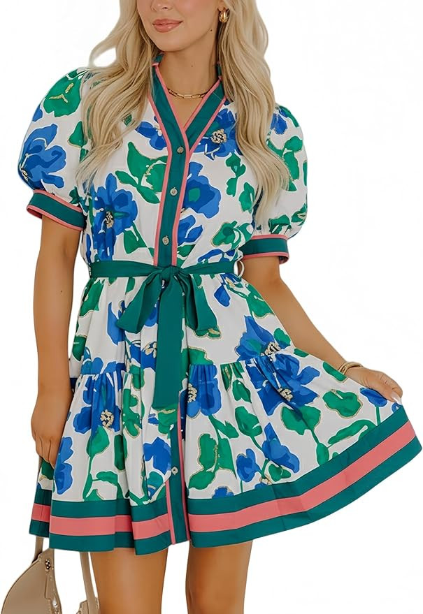 ZIZERY Floral Dress for Women Button Down Mini Dress V Neck Puff Sleeve Ruffle Boho Dresses with ... | Amazon (US)