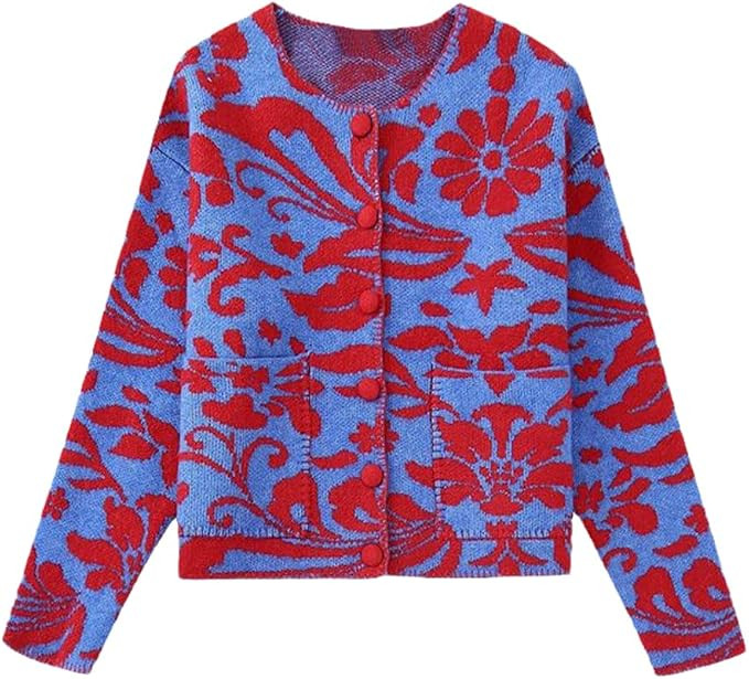 LIXINGHEITANG Women O-Neck Flower Jacquard Knitting Sweater Female Chic Long Sleeve Double Pocket... | Amazon (US)