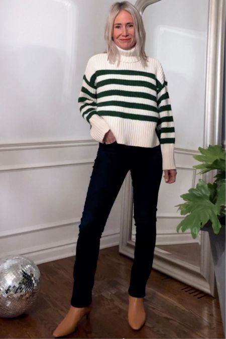 Stripe sweater
Green and white stripes
Holiday style, Thanksgiving outfit
Sweater  - sized down to xxs
Boots TTS. 
Both on sale with code LETSGO
Jeans in my true size 

#LTKstyletip #LTKsalealert #LTKover40