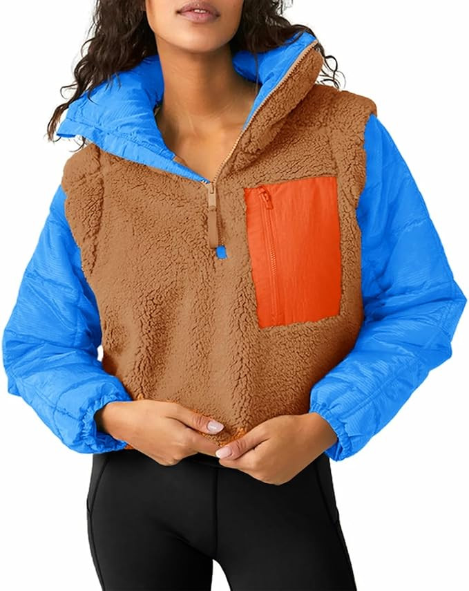 Tankaneo Womens Fleece Puffer Pullover Jacket Sherpa Fuzzy Coat Fall Winter Half Zip Color Block ... | Amazon (US)