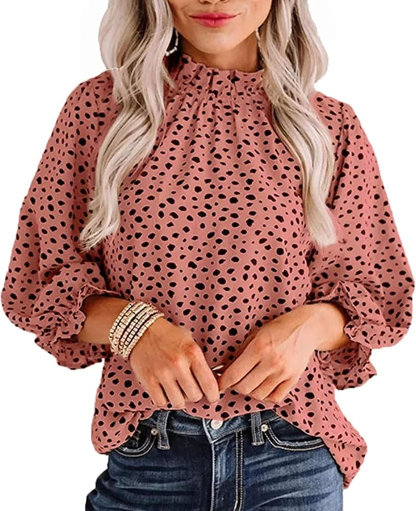 Remidoo Women's Leopard Printed Ruffle Hem Mock Neck Puff Sleeve Blouse Top | Amazon (US)