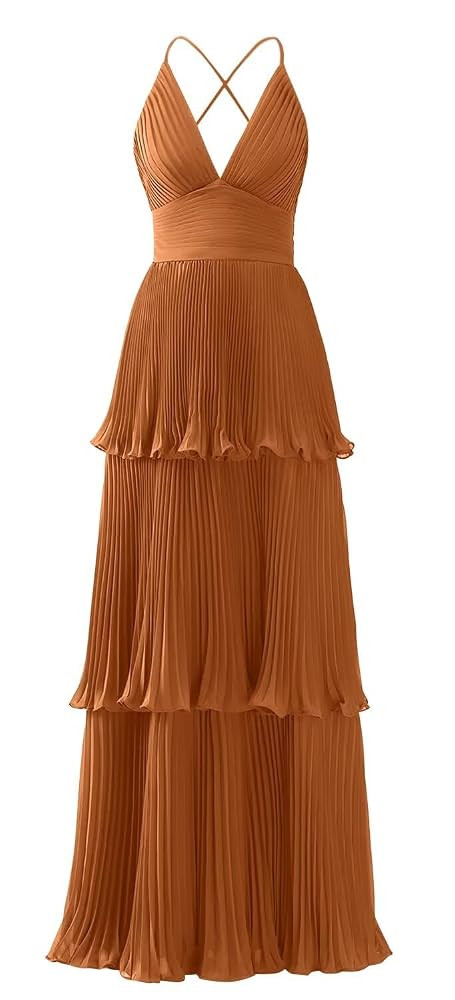 Tiered Ruffles Bridesmaid Dresses for Women Chiffon V-Neck A-line Long Formal Evening Gowns | Amazon (US)