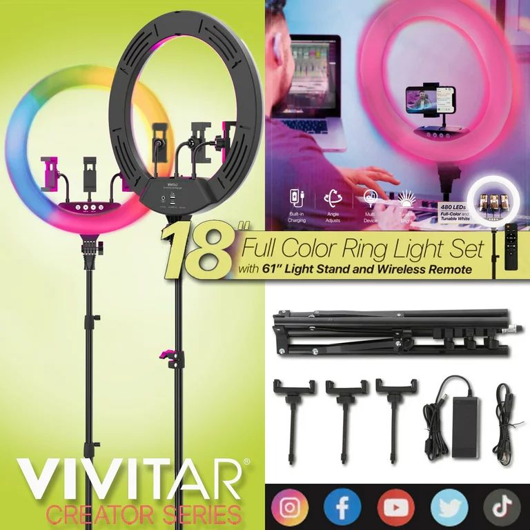 Vivitar 18" LED RGB Ring Light with Tripod, Phone Holder USB Charging Ports, and Wireless Remote | Walmart (US)