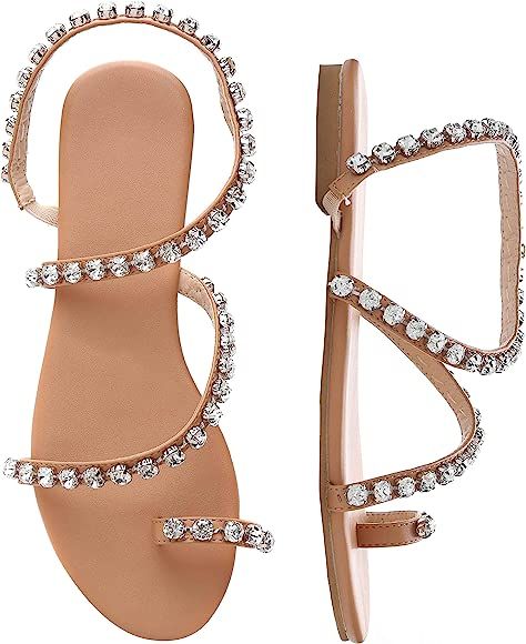 Women's Bohemia Bling Rhinestone Pearl Flat Gladiator Sandals Toe Ring Dress Shoes | Amazon (US)