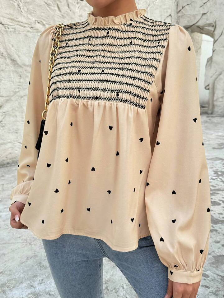 SHEIN Privé Ladies' Heart Shaped Print Lantern Sleeve Shirt | SHEIN