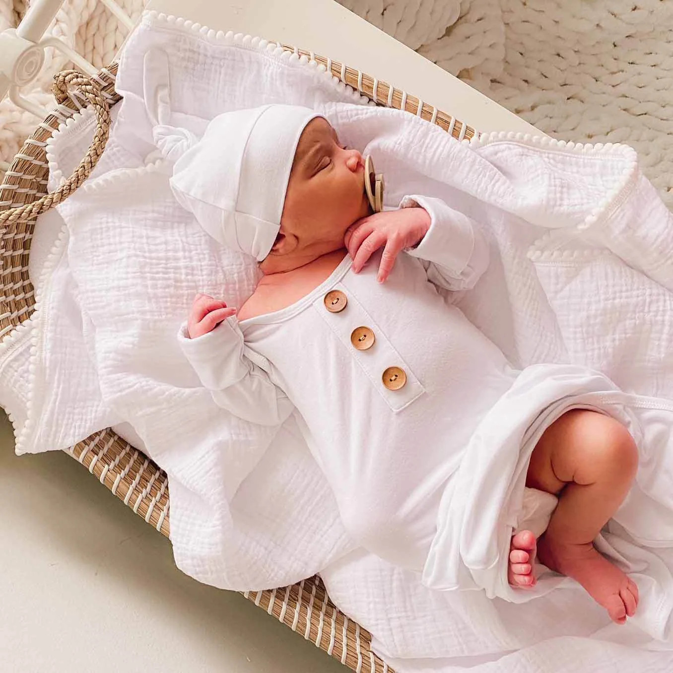 Solid White Bamboo Baby Knot Gown & Hat | Caden Lane