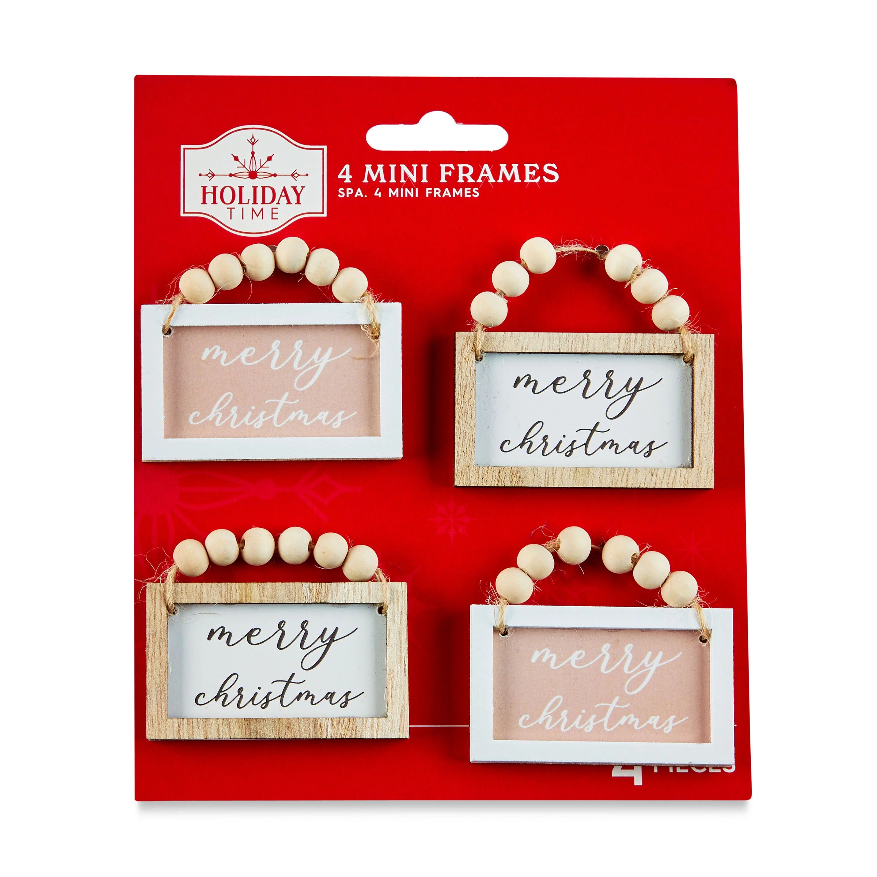 Holiday Time Blushful Pink and White Merry Christmas Mini Wood Frame Ornaments, Set of 4 - Walmar... | Walmart (US)