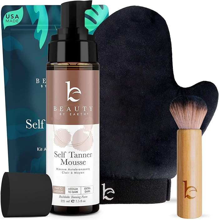 Self Tanner Tanning Mousse Kit - USA Made with Natural & Organic Ingredients, Tan Kit with Kabuki... | Amazon (US)