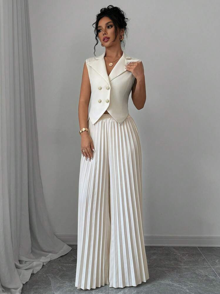 Elenzga Solid Vest Blazer & Pleated Wide Leg Pants | SHEIN