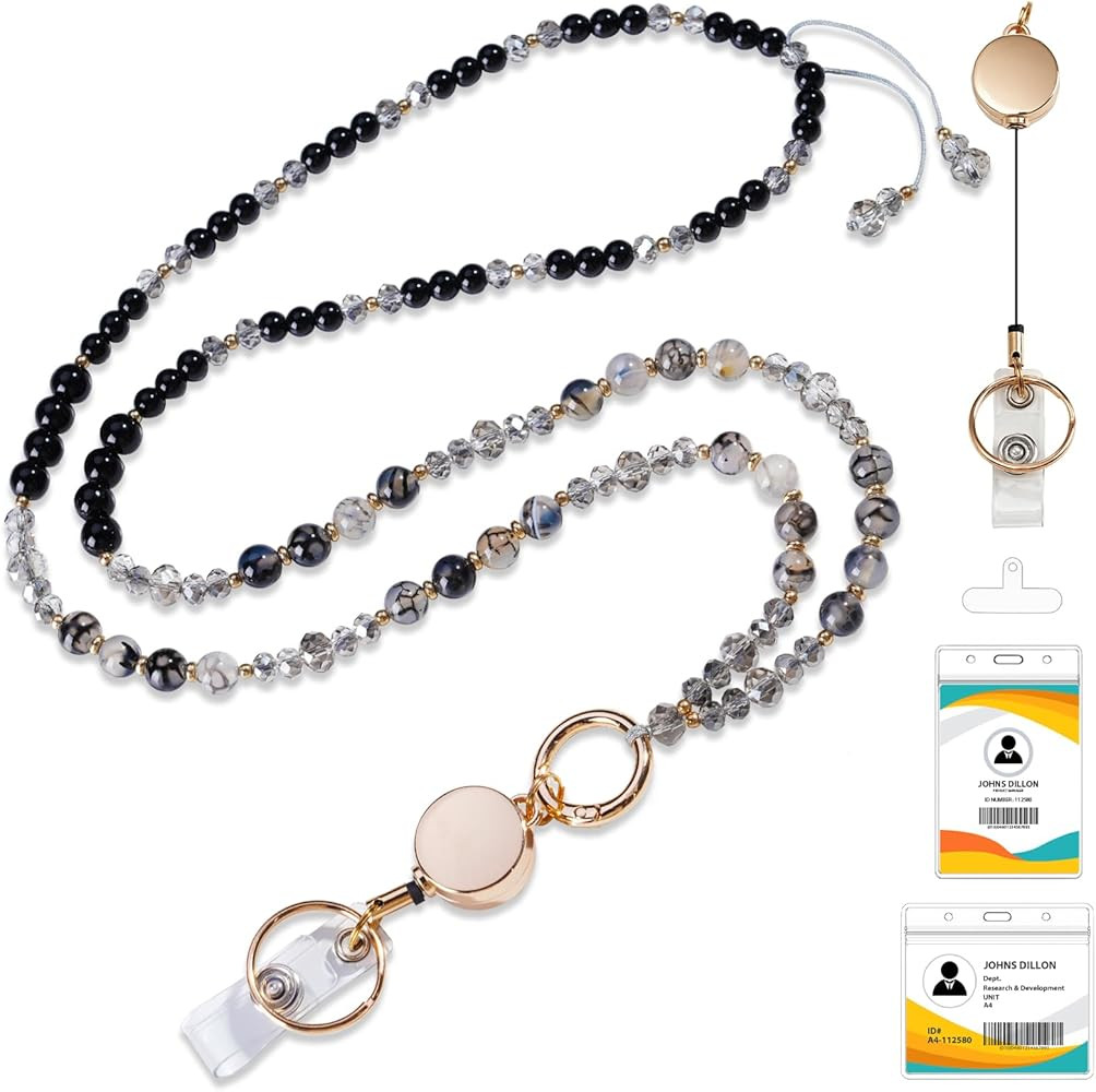 Retractable Lanyards for ID Badges and Keys with Badge Reels, Natural Stone Beaded Lanyard for Wo... | Amazon (US)