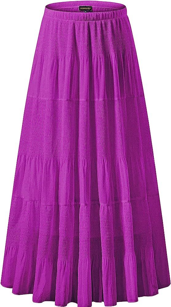 NASHALYLY Women's Chiffon Elastic High Waist Pleated A-Line Flared Maxi Skirts | Amazon (US)