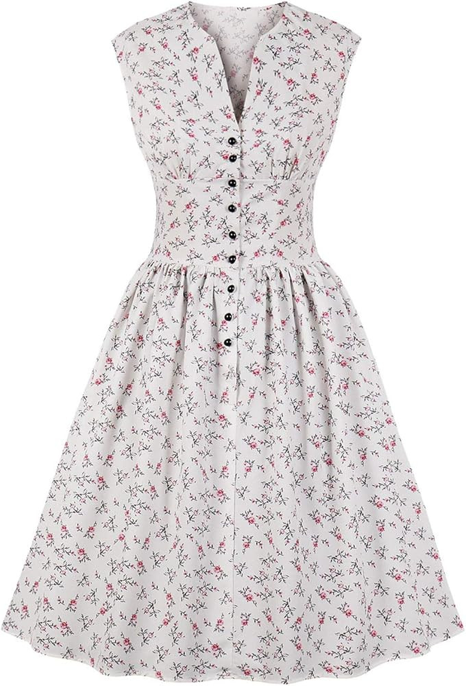 Flygo Women's V Neck Button Floral Sleeveless 1940s Day Swing 1950s Tea Dress | Amazon (US)