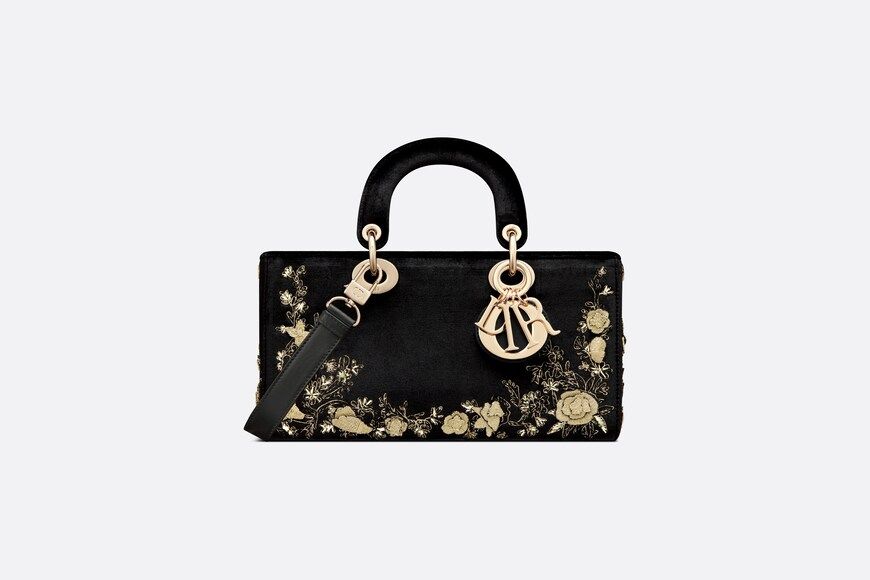 Medium Lady D-Joy Bag Black Velvet with Dior Jardin Botanique Embroidery in Gold-Tone Metallic Th... | Dior Couture