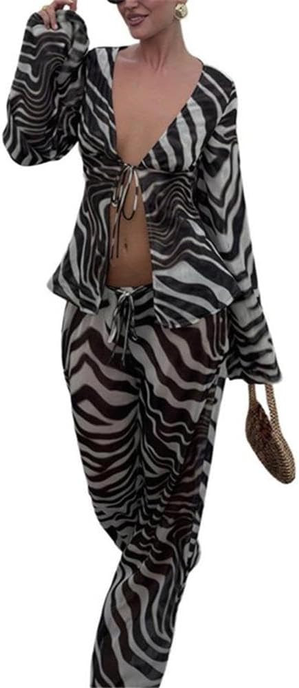 Women's 2 Piece Outfits Zebra Print V Neck Tie Top and Wide Leg Pants Set | Amazon (US)