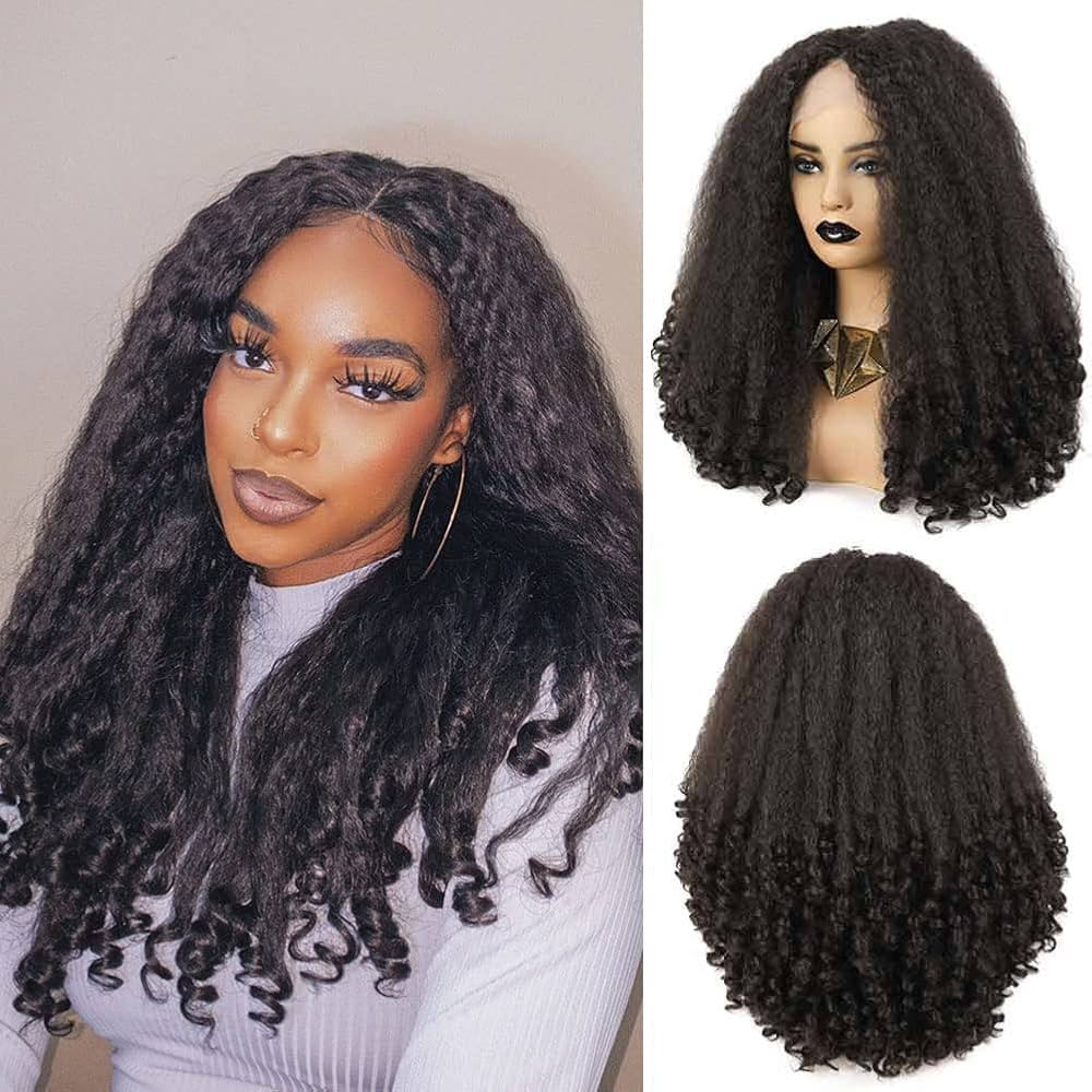 SOKU Afro Curly Lace Front Wig Synthetic Kinky Straight with Curly Ends T Part HD Transparent Swi... | Amazon (US)